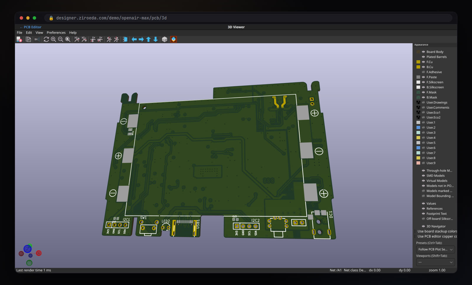 The ZIRO Designer 3D viewer showing an ESP32 board at an angle, with its connectors and components.