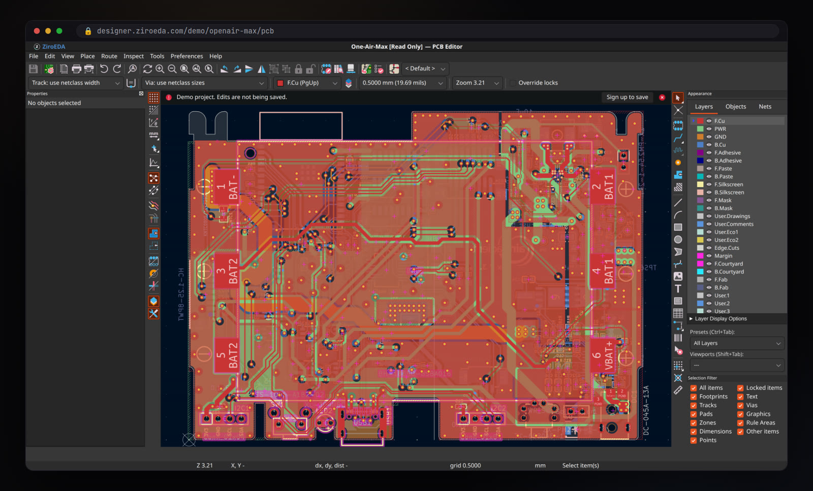 The ZIRO Designer PCB editor in a browser tab, showing a four-layer ESP32 air-quality board with copper zones, the layer list and the selection filter.